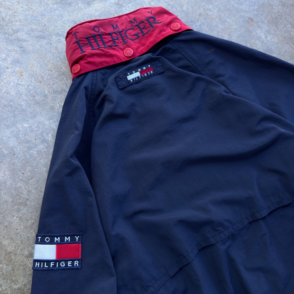 Vintage 90s Tommy Hilfiger Windbreaker Jacket Navy Blue Red Size M (g2a)